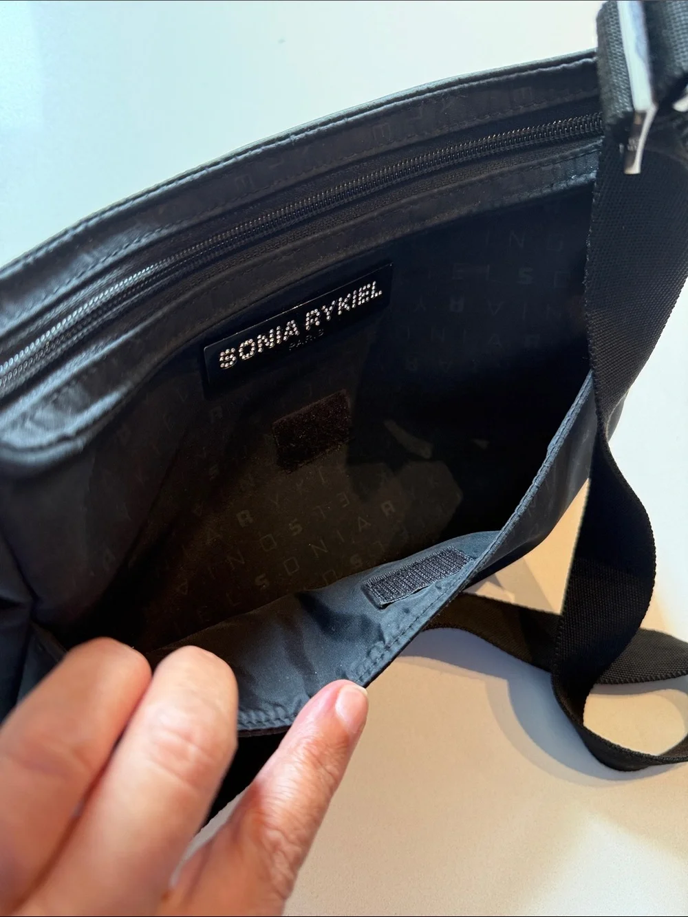 Sonia Rykiel Nylon Shoulder Bag, Monogrammed Pattern, Adjustable Strap, Black